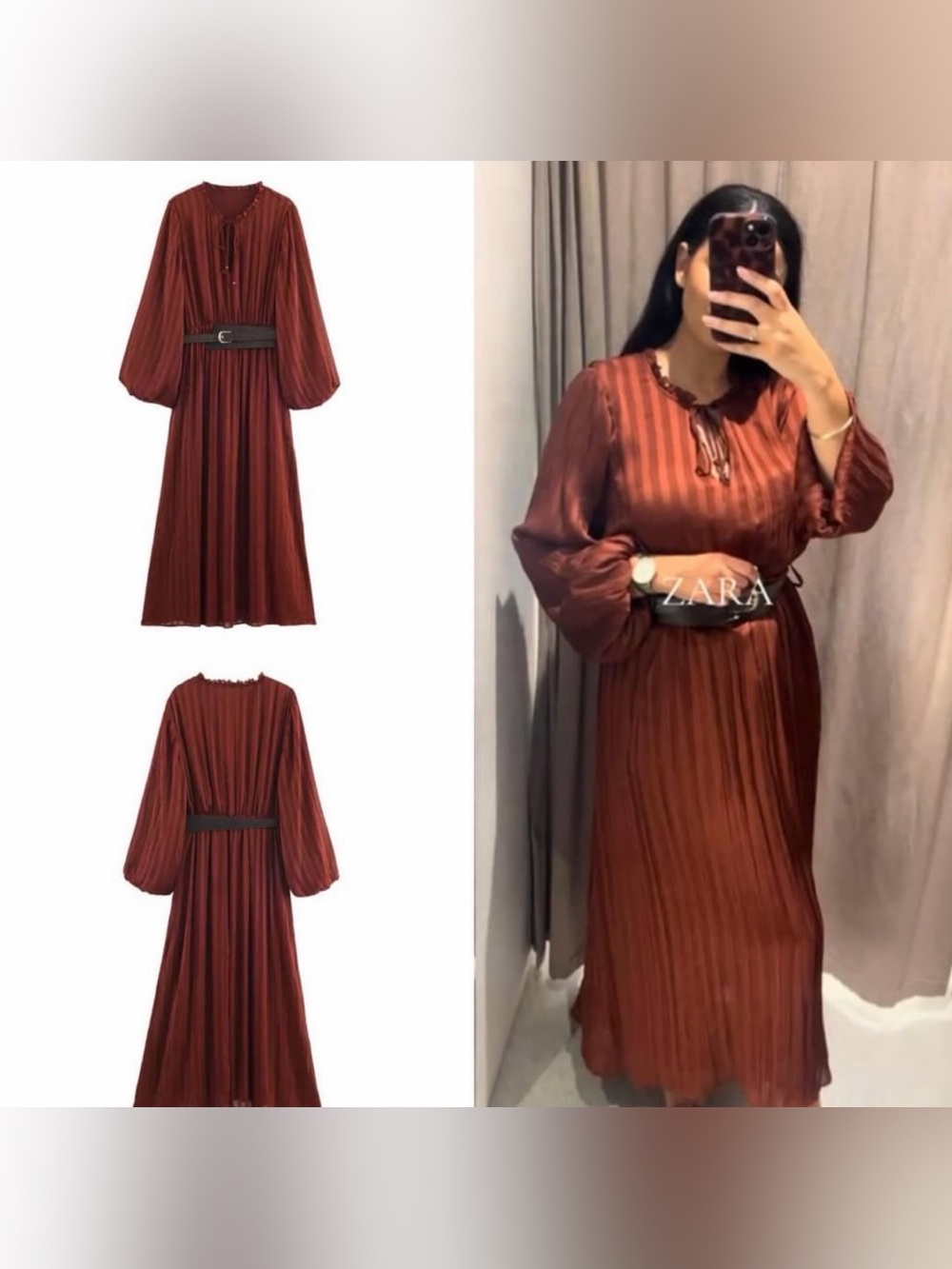 Zara Rust-Brown Striped Maxi Dress with Tie Neck - Picture 8 of 8